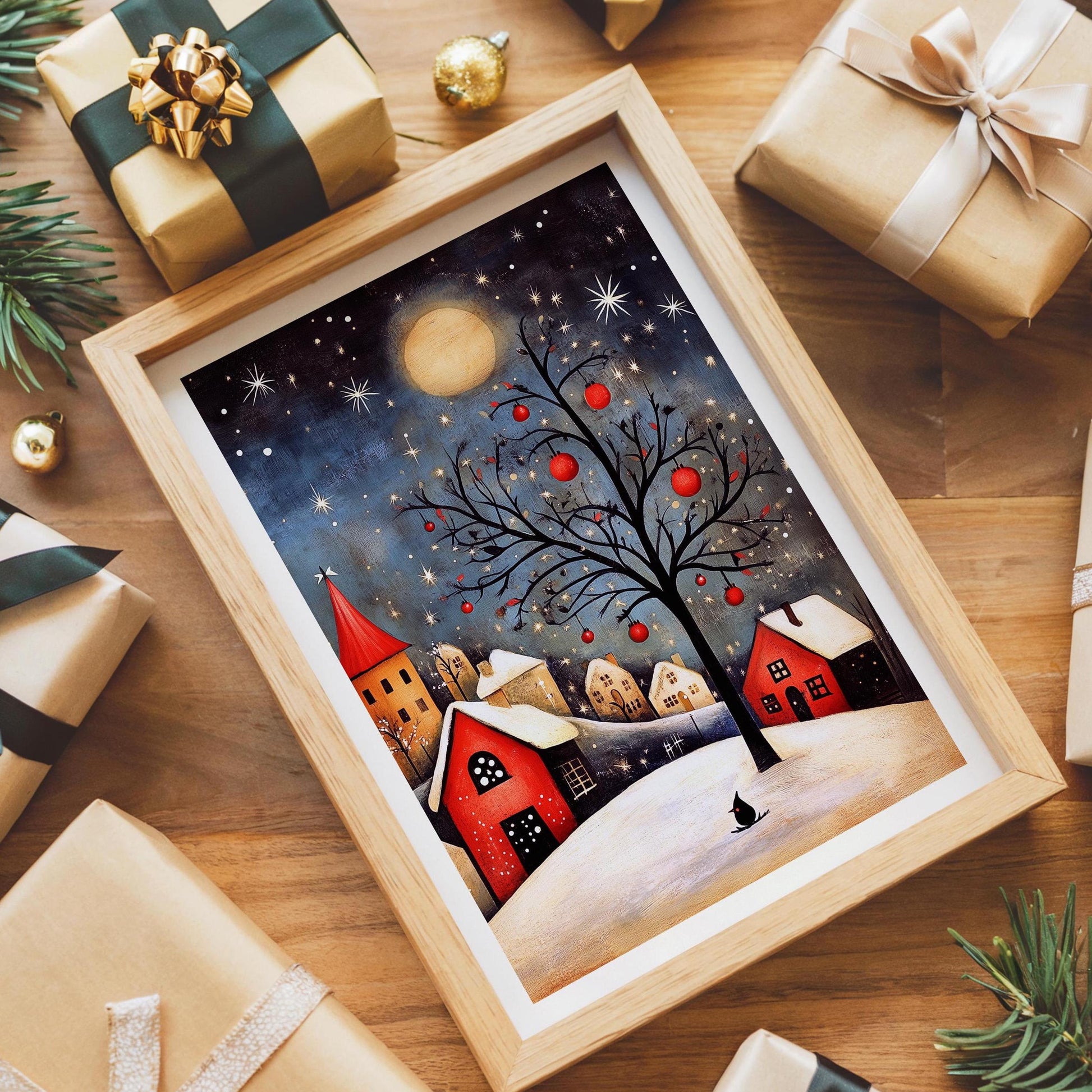 Scandinavian Winter Village folk-art art print, blank inside