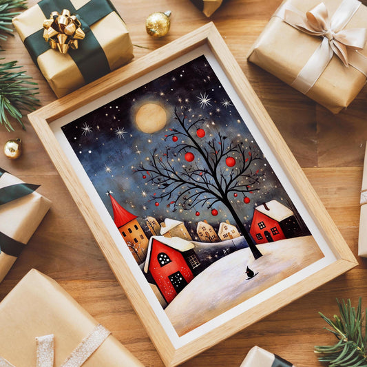 Scandinavian Winter Village folk-art art print, blank inside