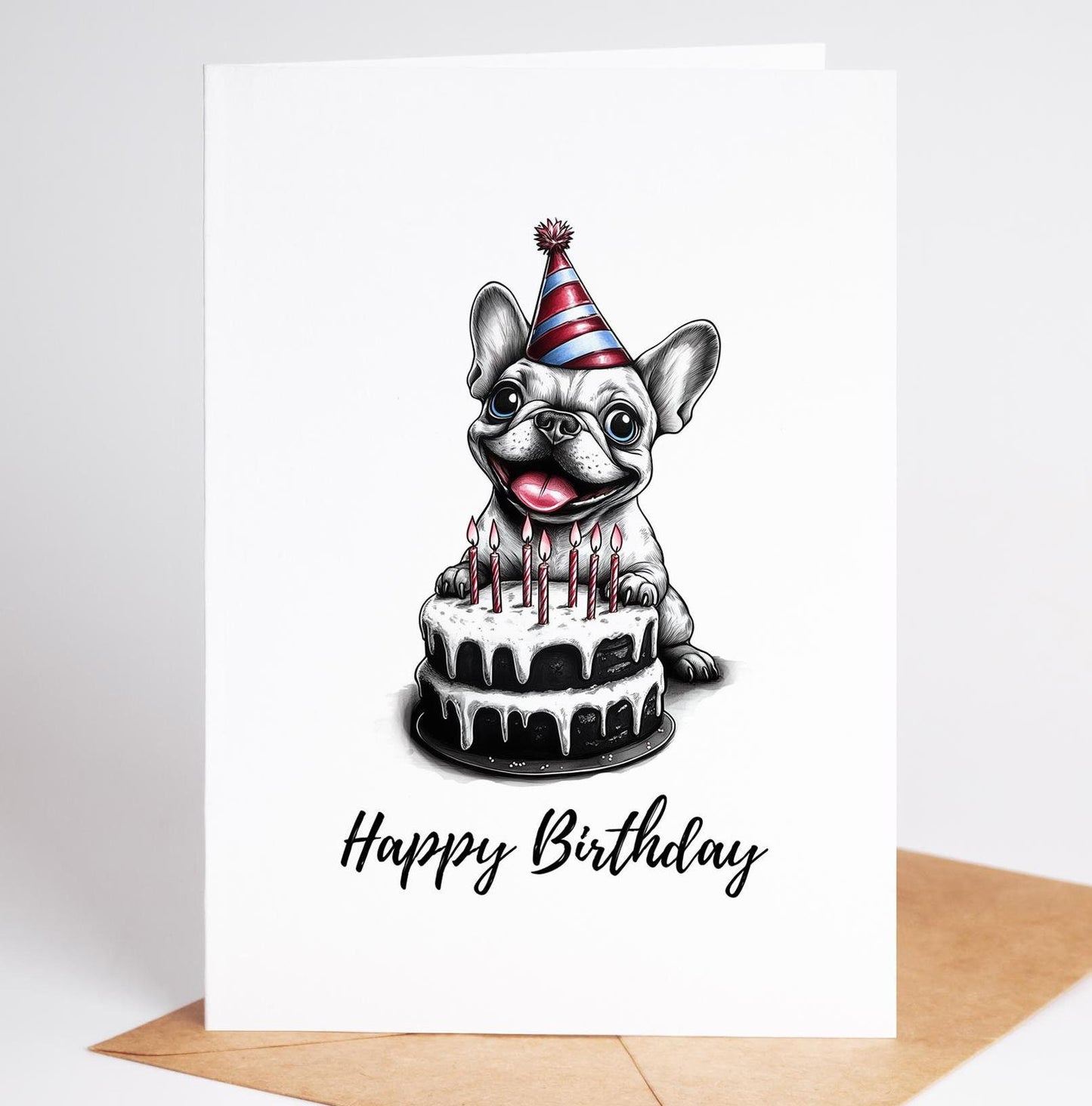 French Bulldog folk-art greeting card, blank inside