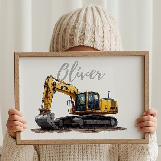Excavator folk-art art print, blank inside