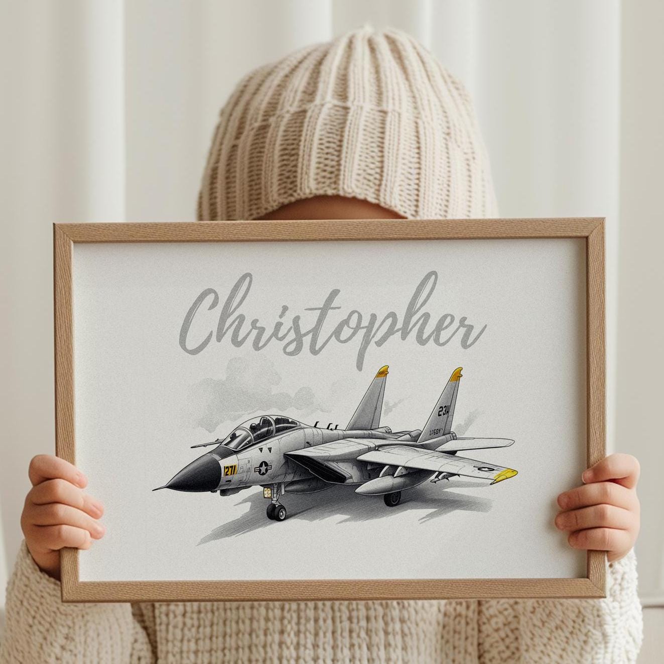 F-14 Tomcat Fighter Jet folk-art art print, blank inside