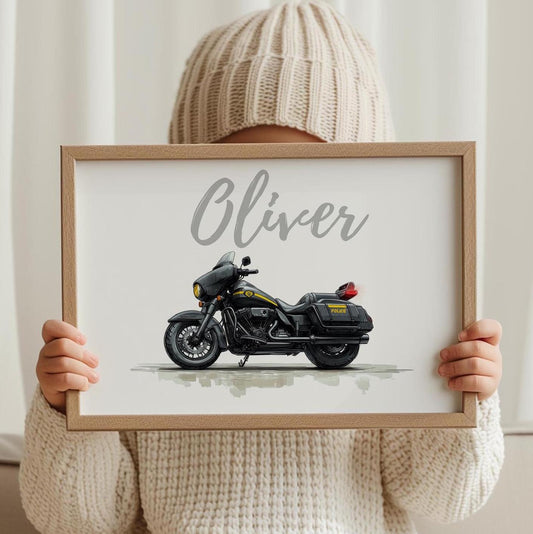 Police Motorcycle folk-art art print, blank inside