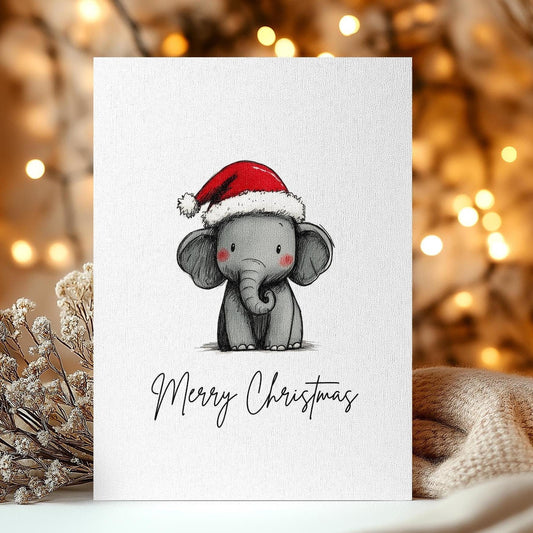 Adorable Elephant Christmas Card – Cute Santa Hat Design for Festive Holiday Greetings and Animal Lovers