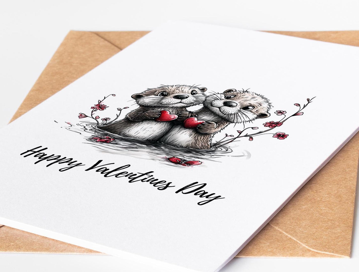 Otter Couple folk-art greeting card, blank inside