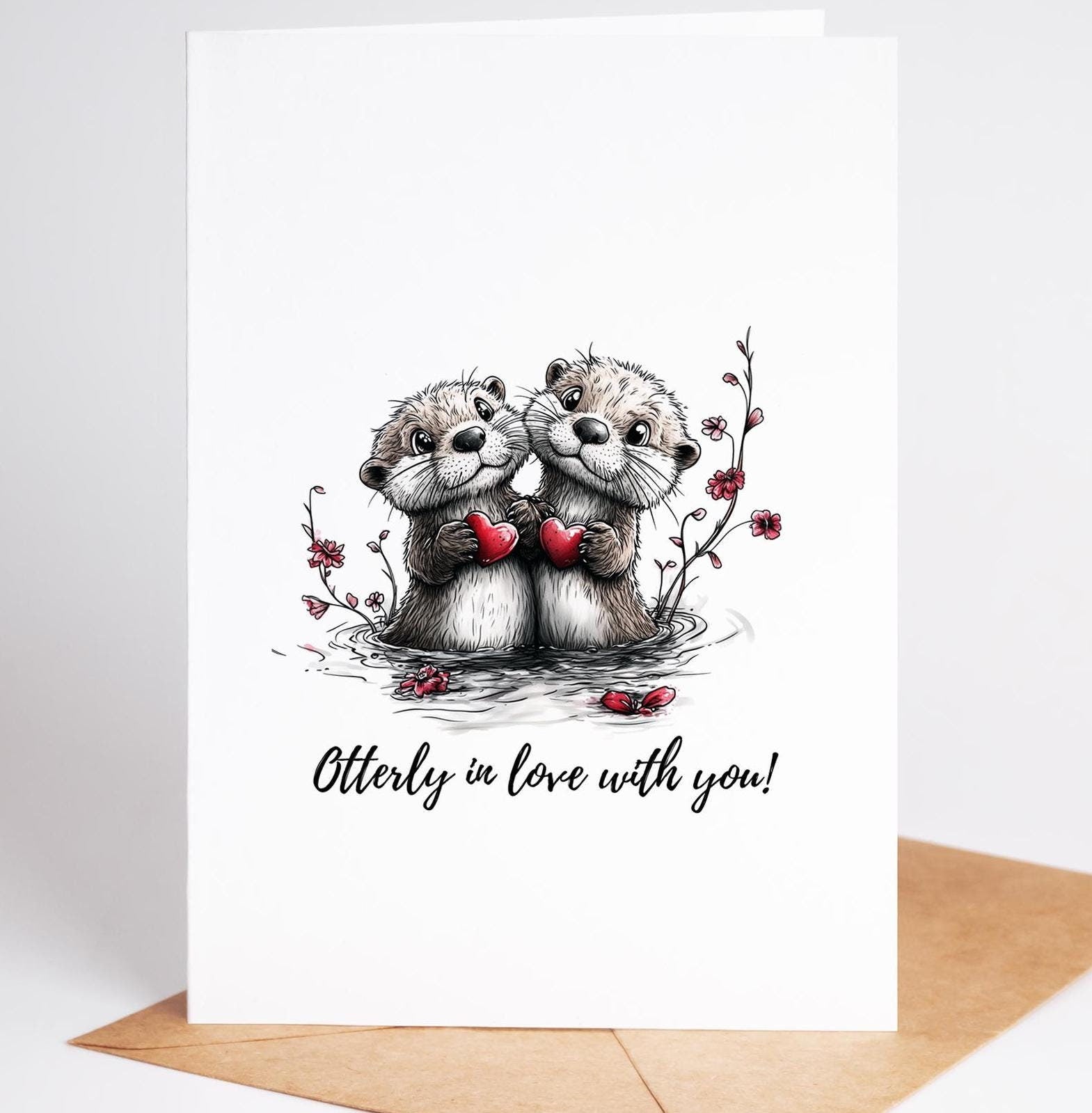 Otter Couple folk-art greeting card, blank inside