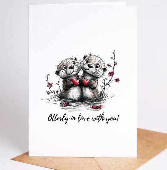 Otter Couple folk-art greeting card, blank inside