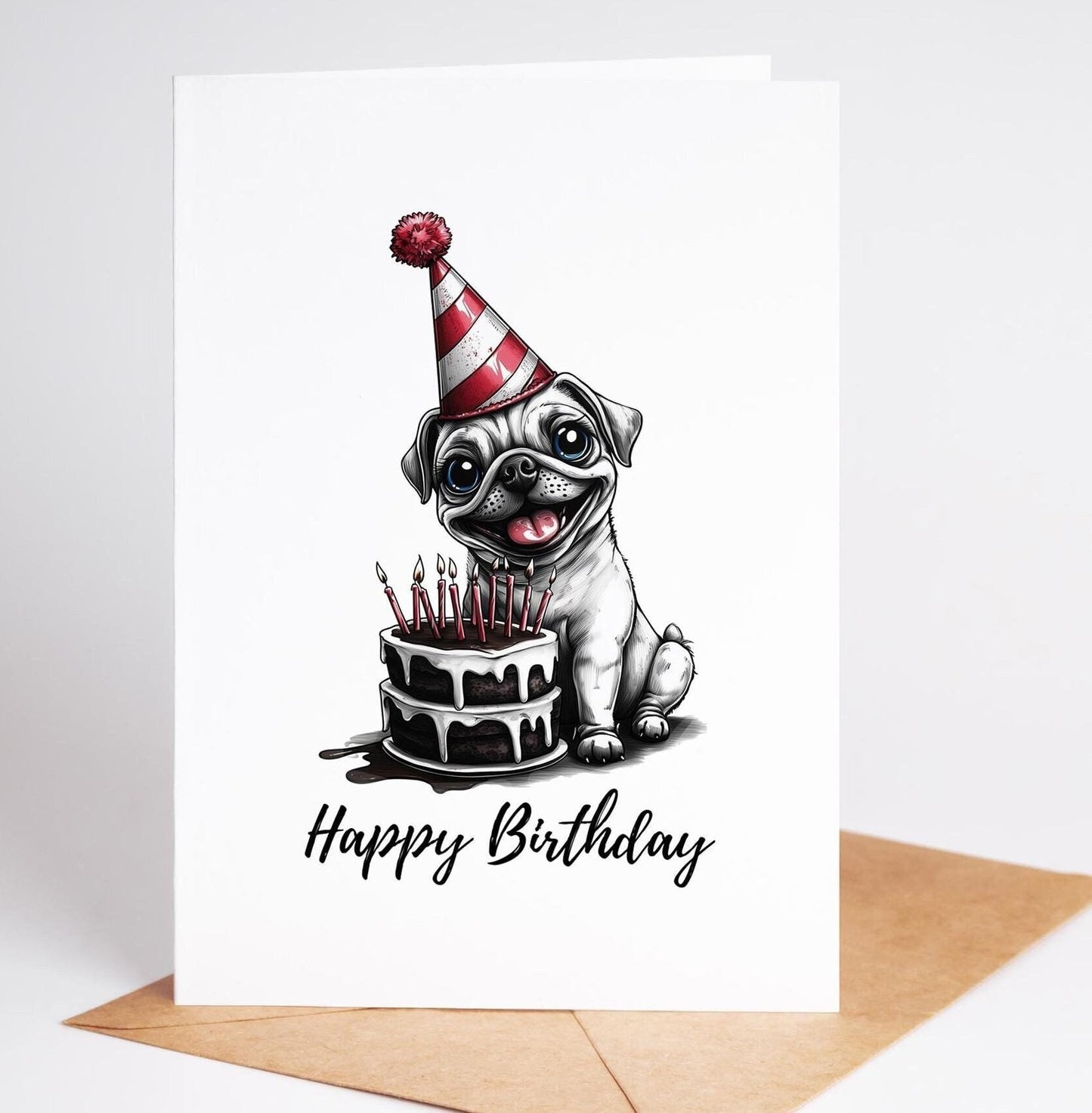 Pug folk-art greeting card, blank inside