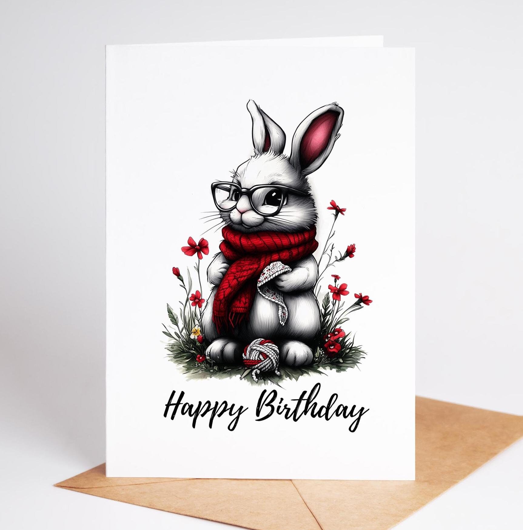 Grandmother Rabbit folk-art greeting card, blank inside
