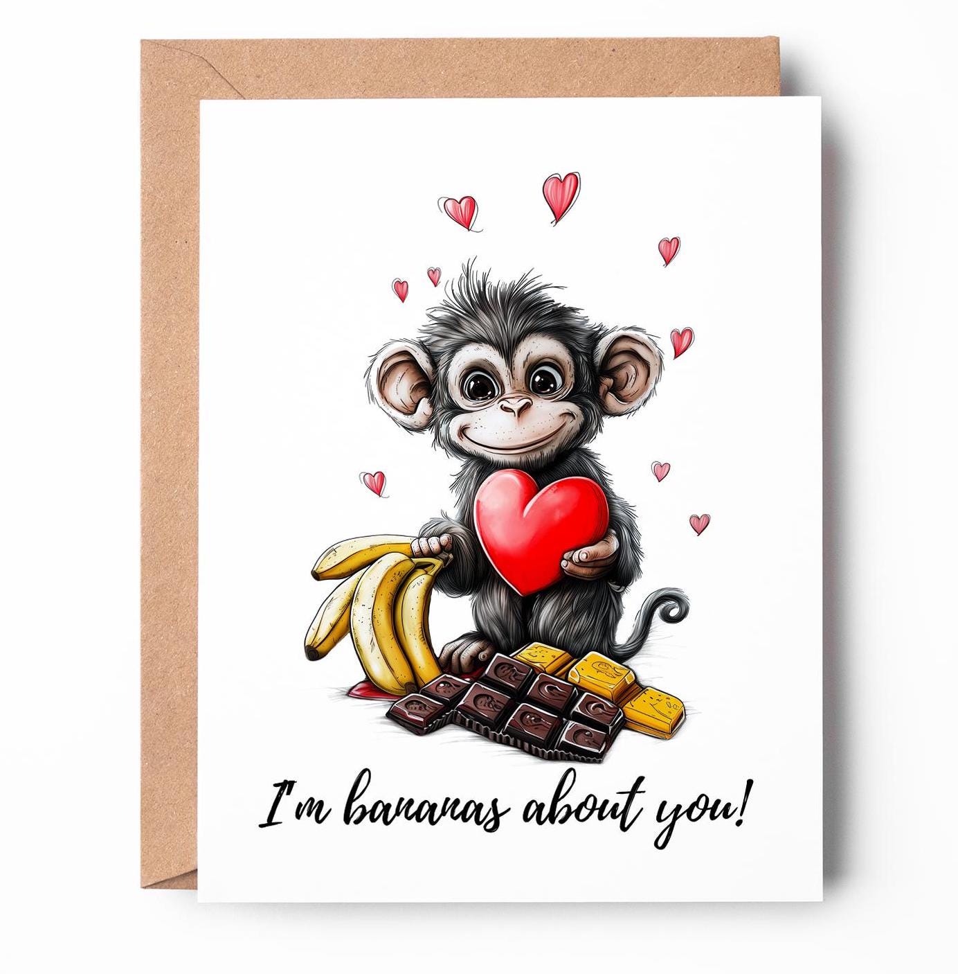 Monkey Love folk-art greeting card, blank inside