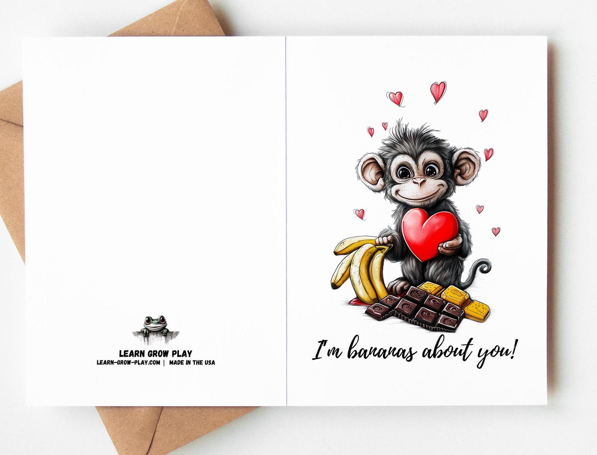 Monkey Love folk-art greeting card, blank inside