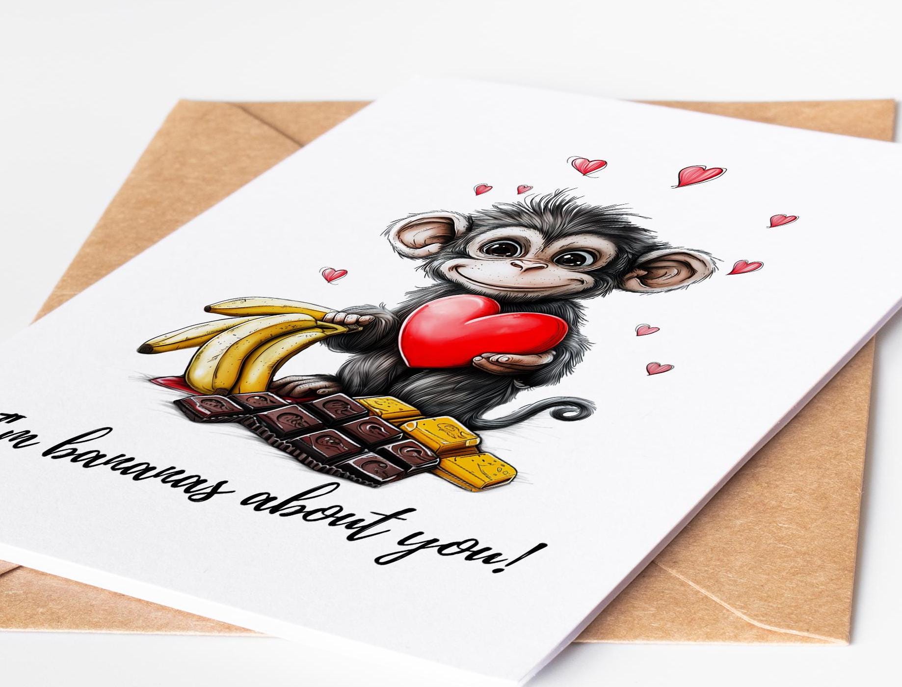 Monkey Love folk-art greeting card, blank inside