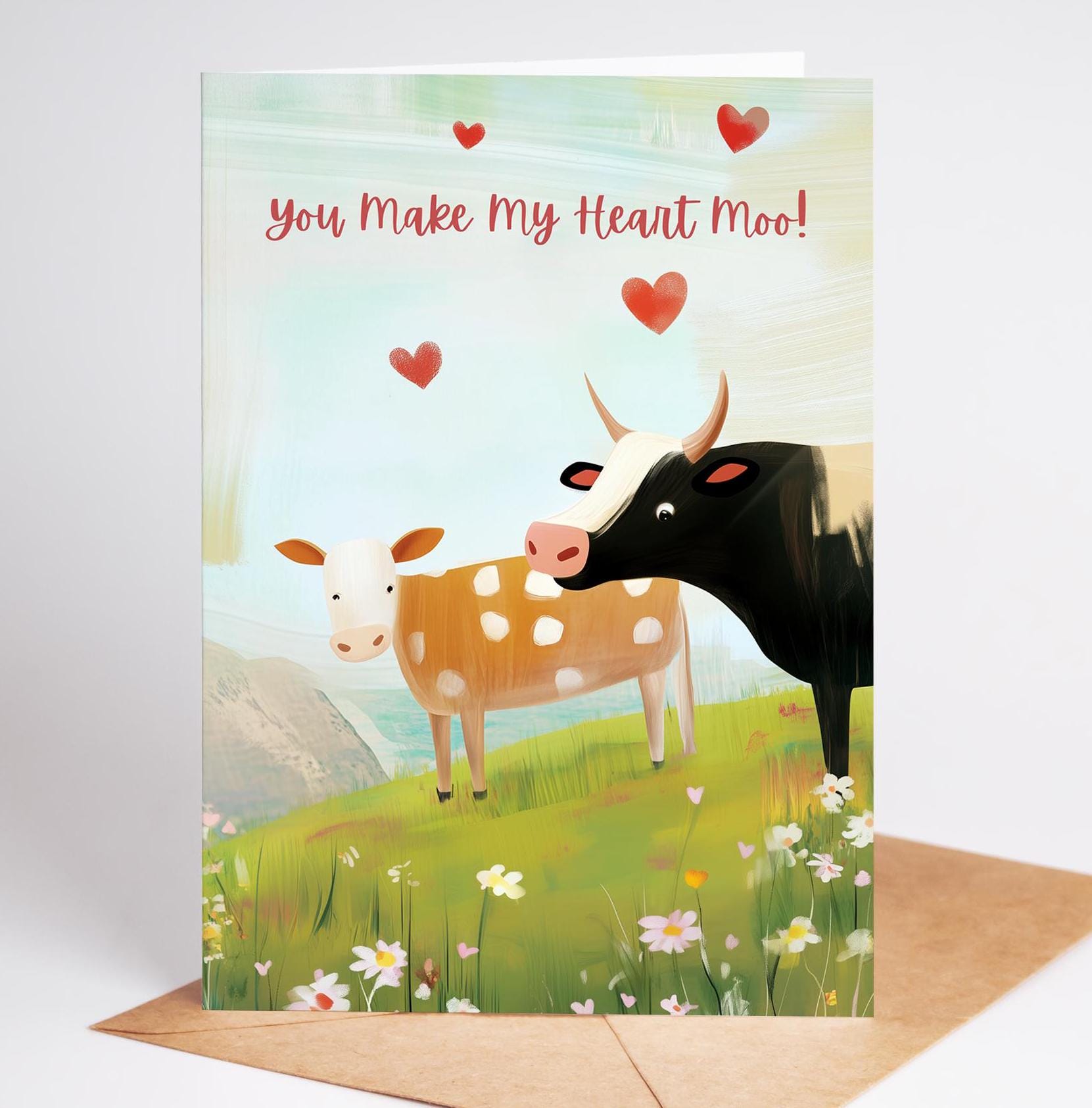 Cow Love folk-art greeting card, blank inside