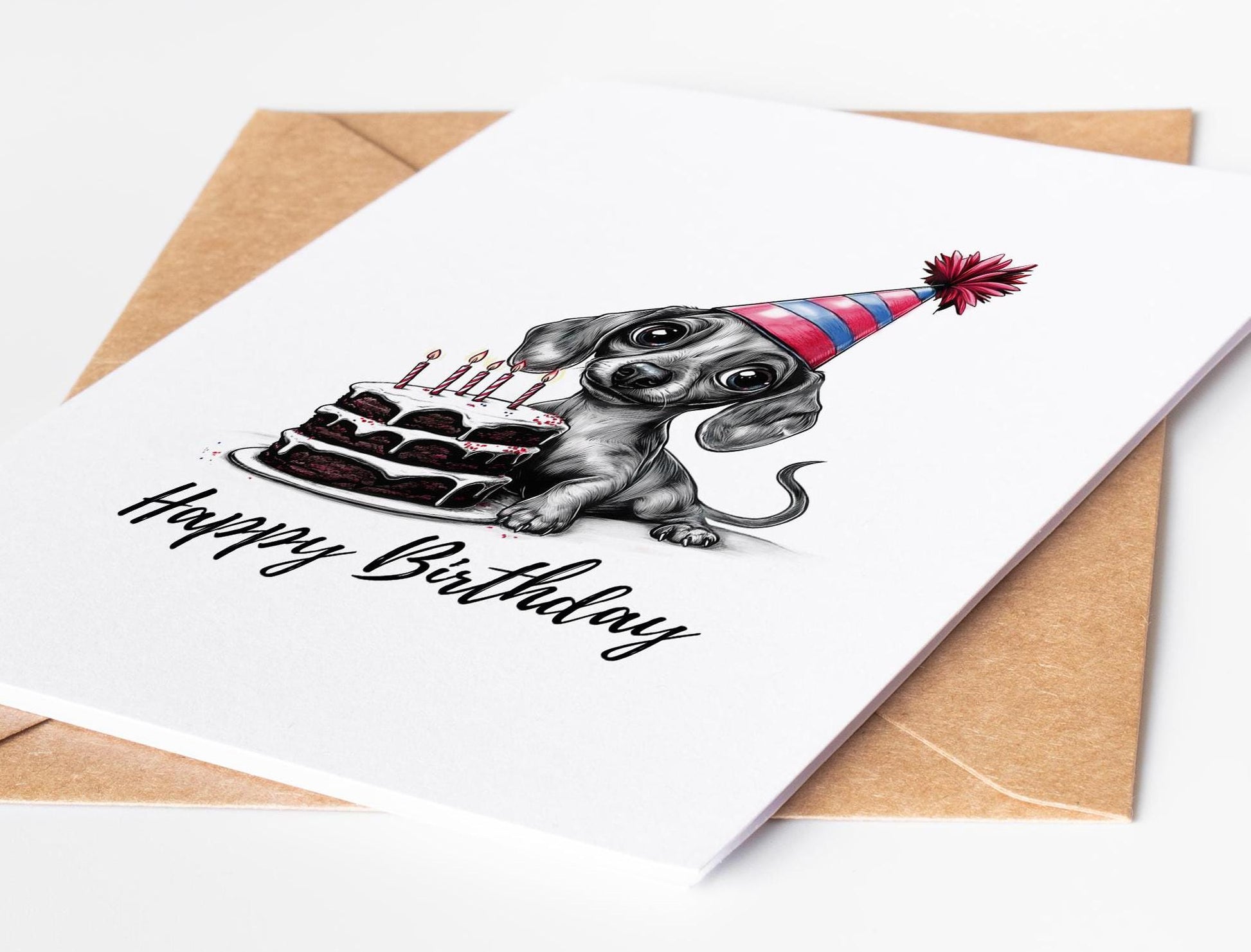 Dachshund folk-art greeting card, blank inside
