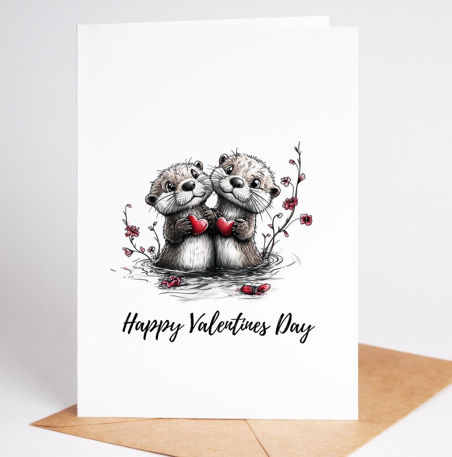 Otter Couple folk-art greeting card, blank inside