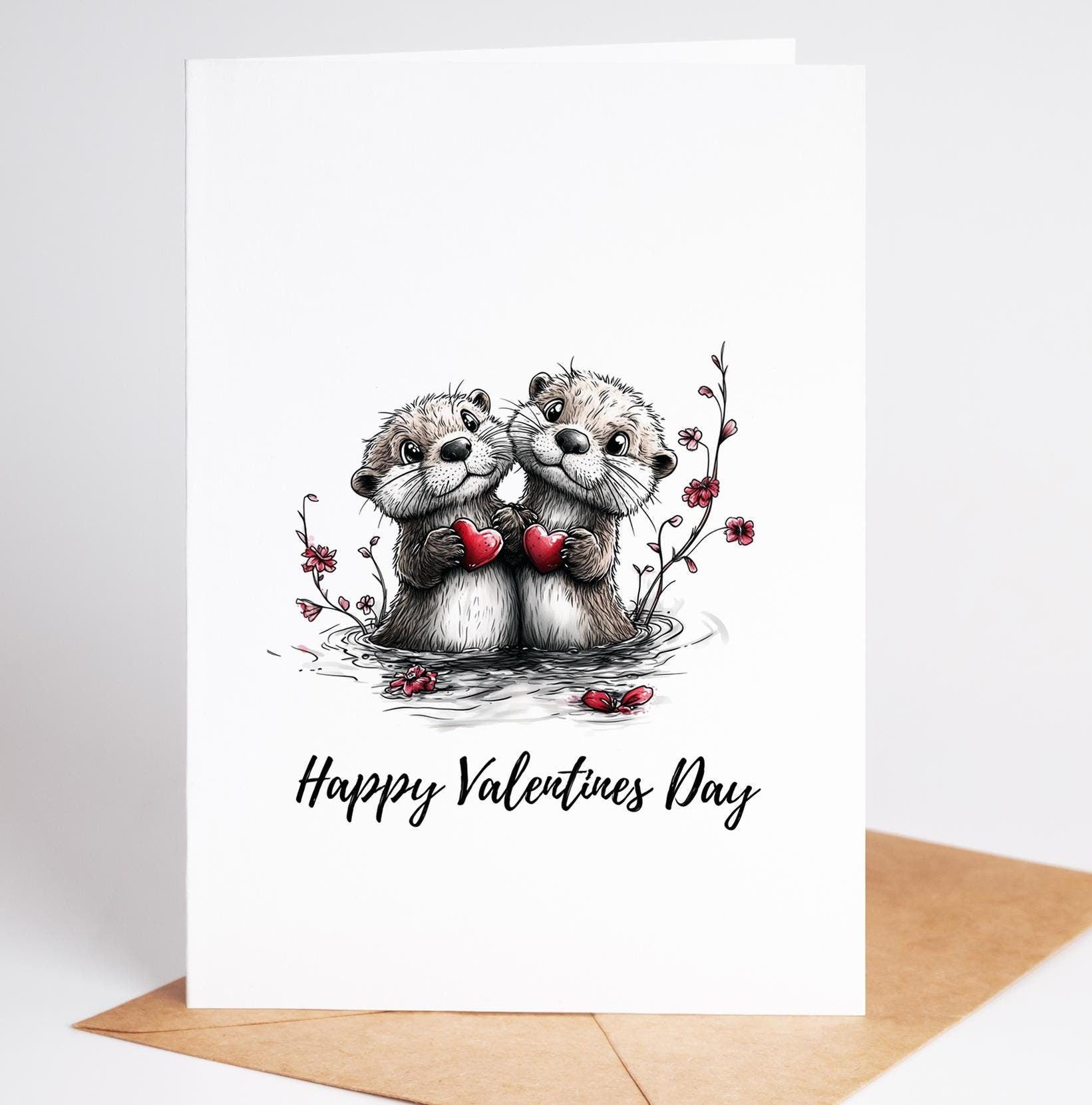 Otter Couple folk-art greeting card, blank inside