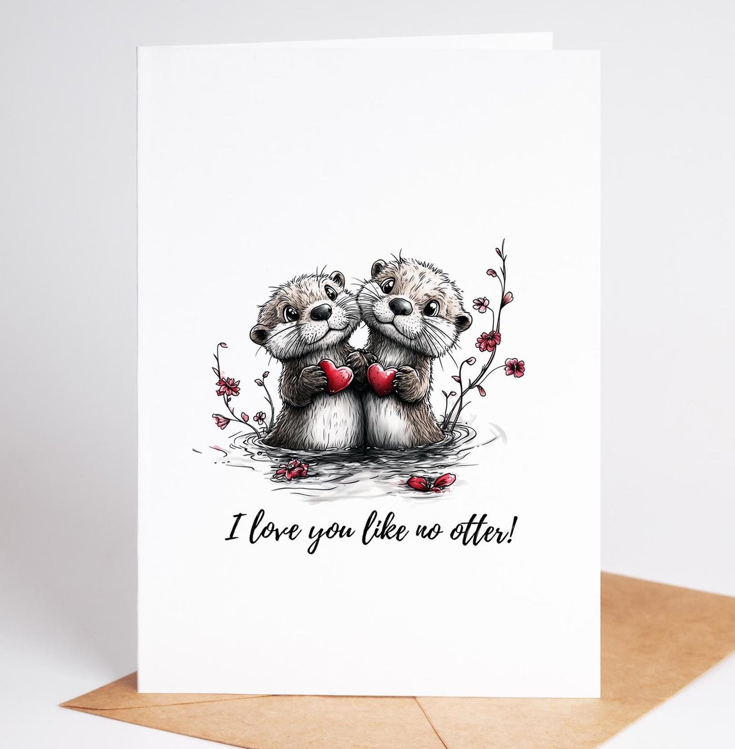 Otter Couple folk-art greeting card, blank inside