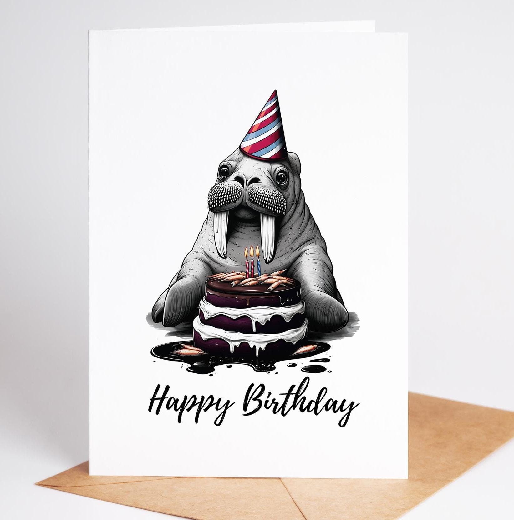 Walrus folk-art greeting card, blank inside