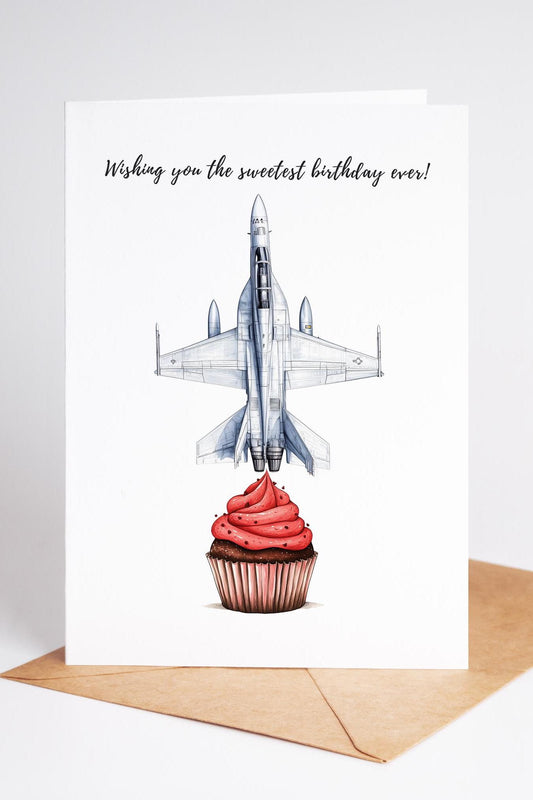 Fighter Jet folk-art greeting card, blank inside