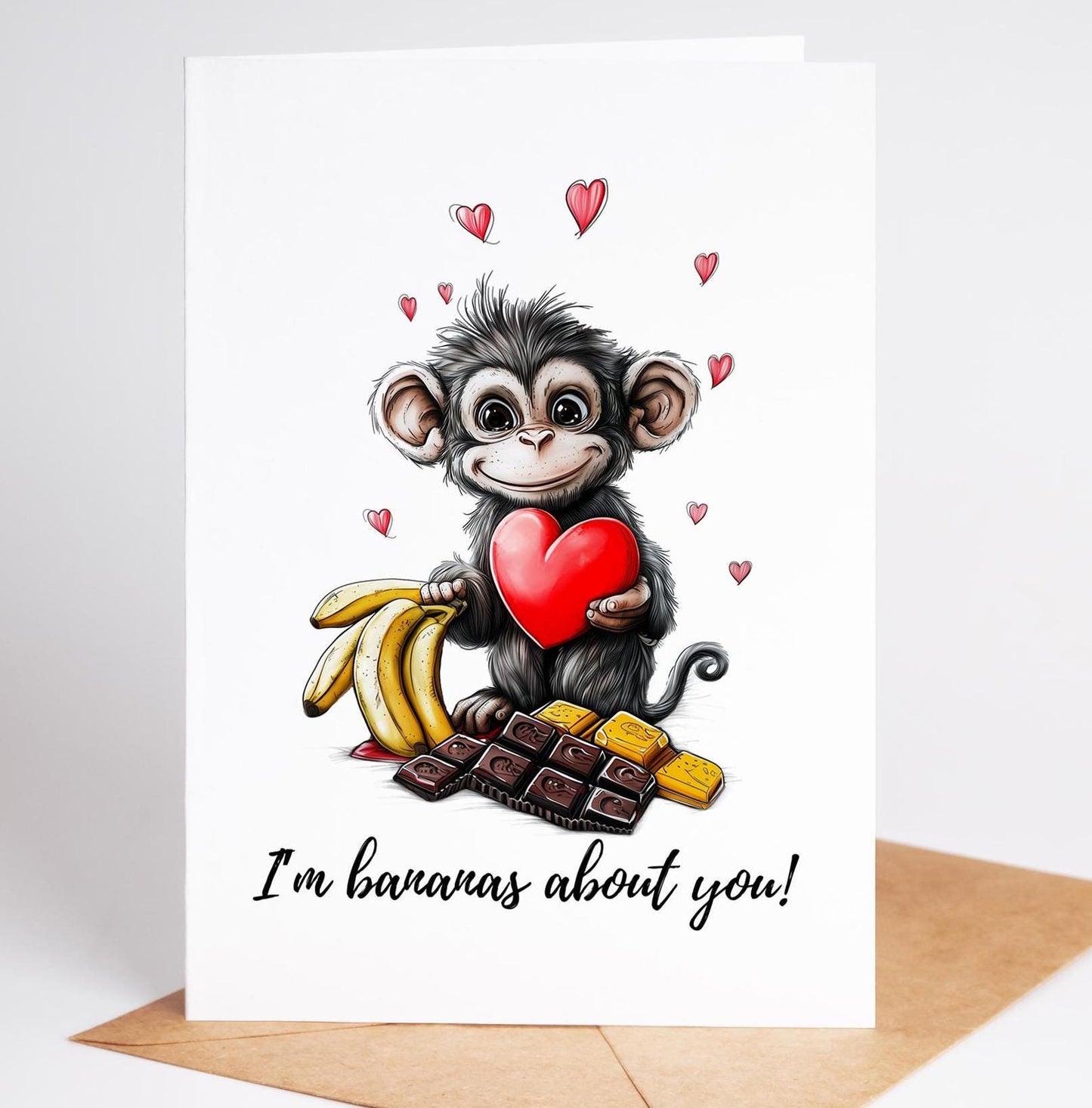 Monkey Love folk-art greeting card, blank inside