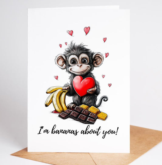 Monkey Love folk-art greeting card, blank inside