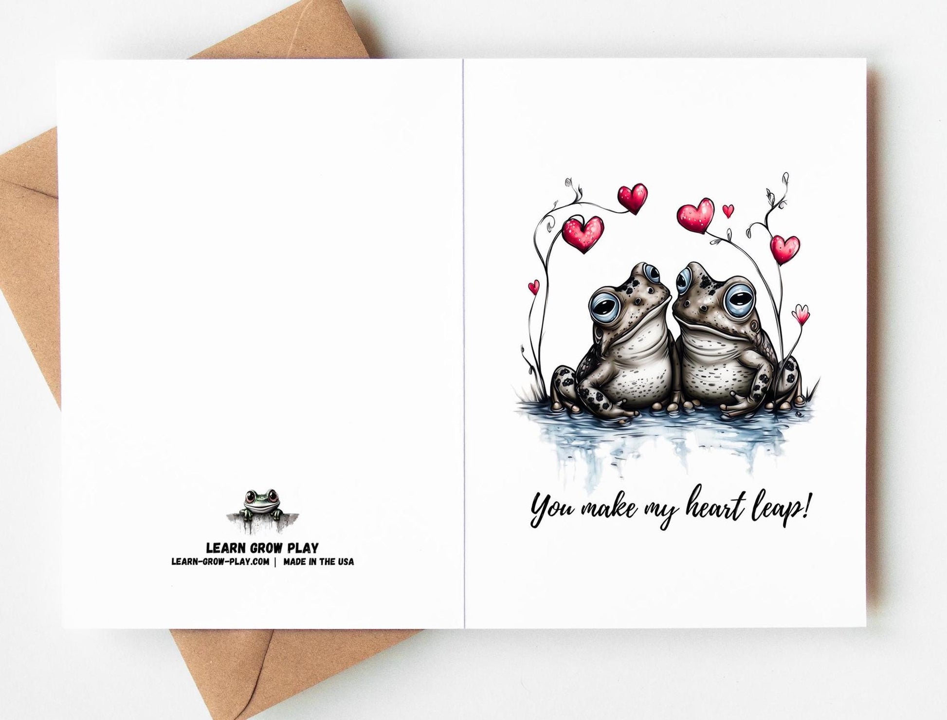 Frog Love folk-art greeting card, blank inside