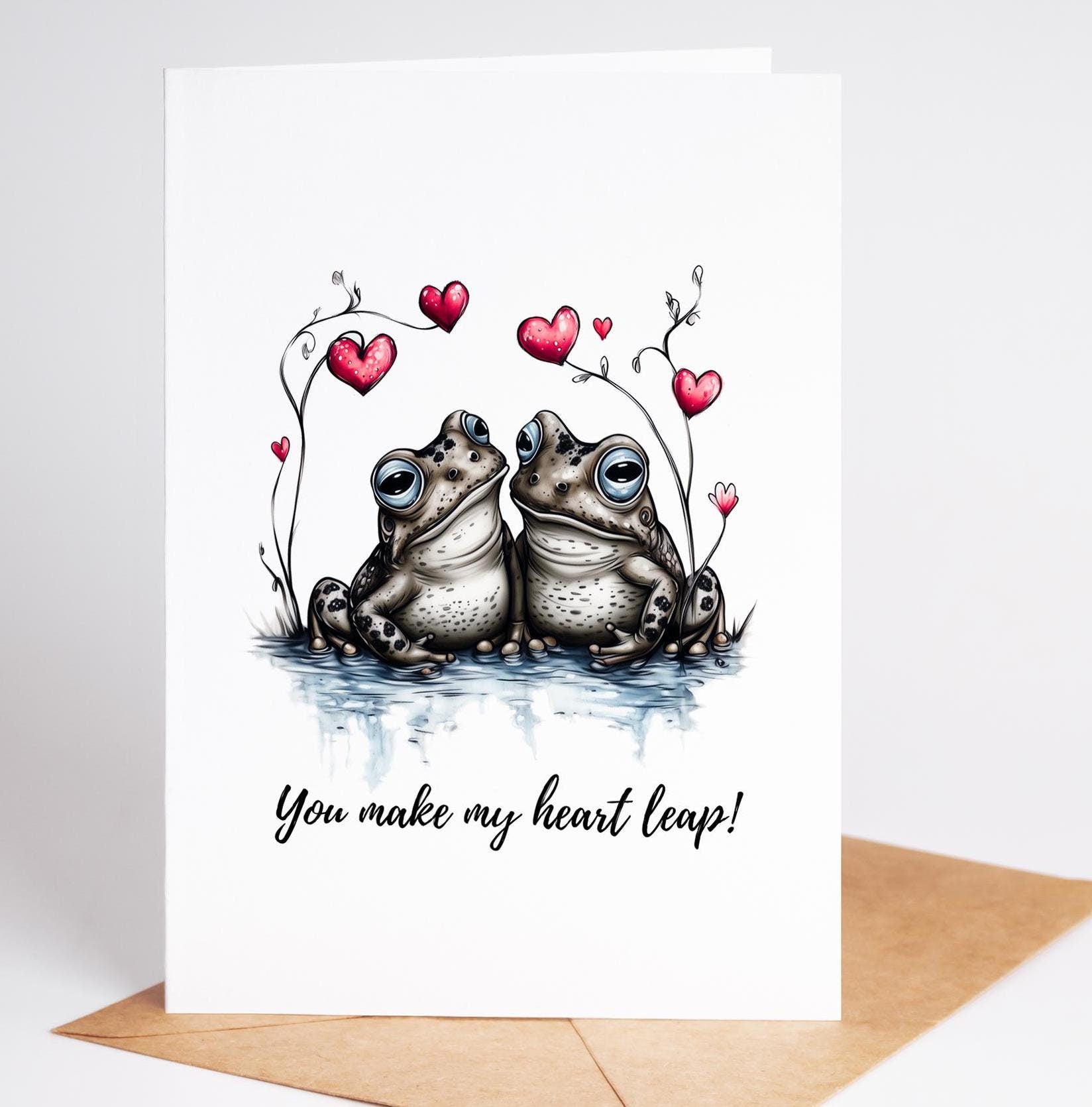 Frog Love folk-art greeting card, blank inside