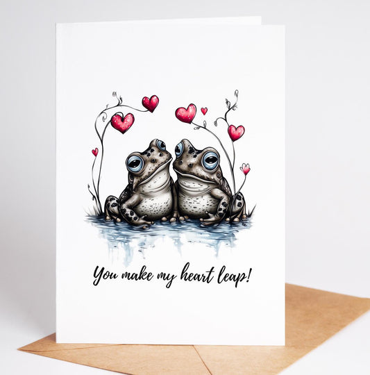 Frog Love folk-art greeting card, blank inside