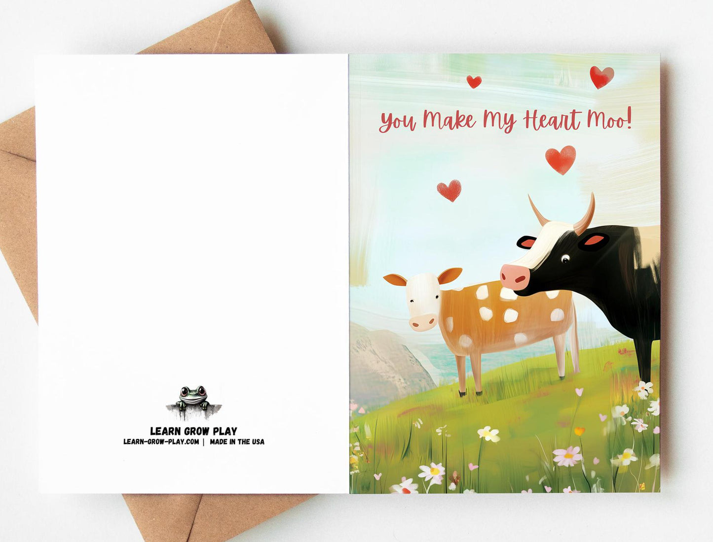 Cow Love folk-art greeting card, blank inside