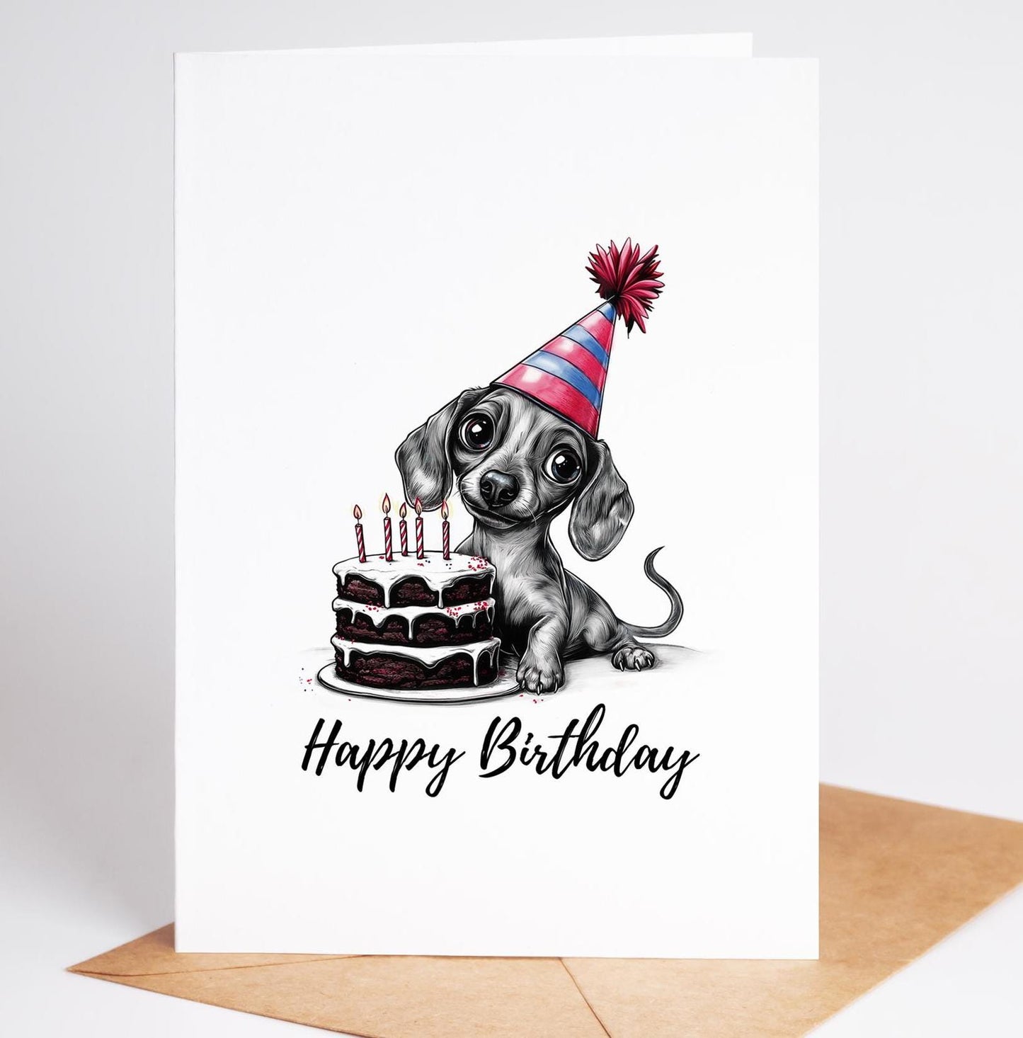 Dachshund folk-art greeting card, blank inside