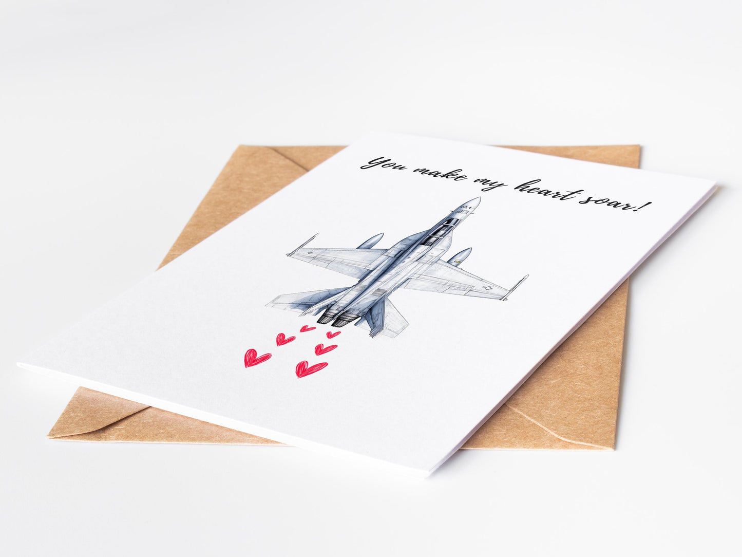 Fighter Jet Love folk-art greeting card, blank inside