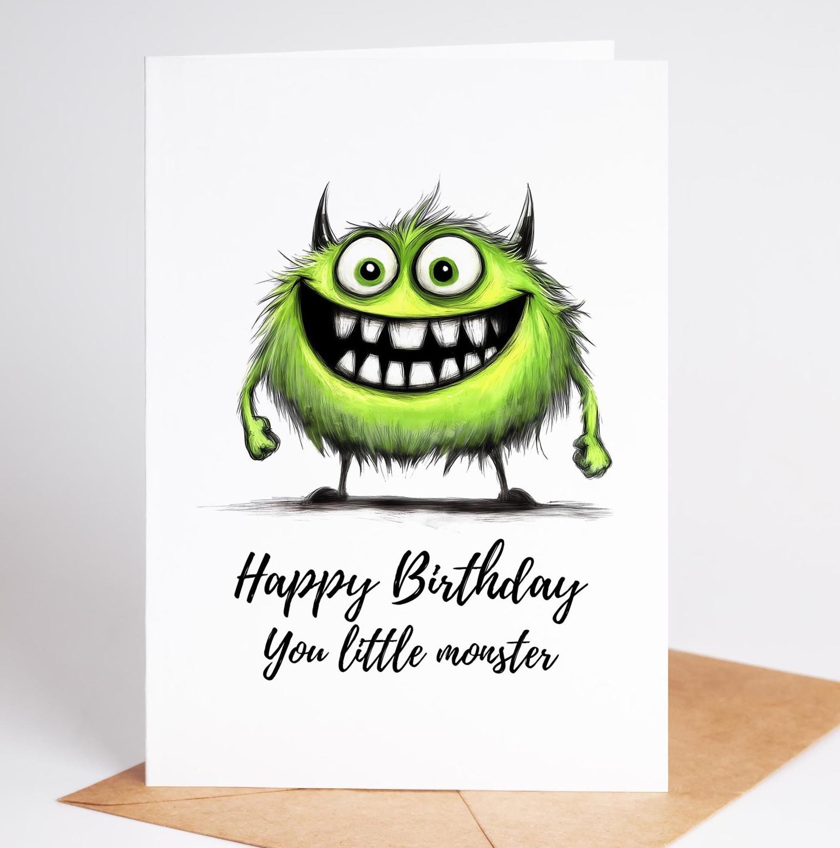 Pink Monster folk-art greeting card, blank inside