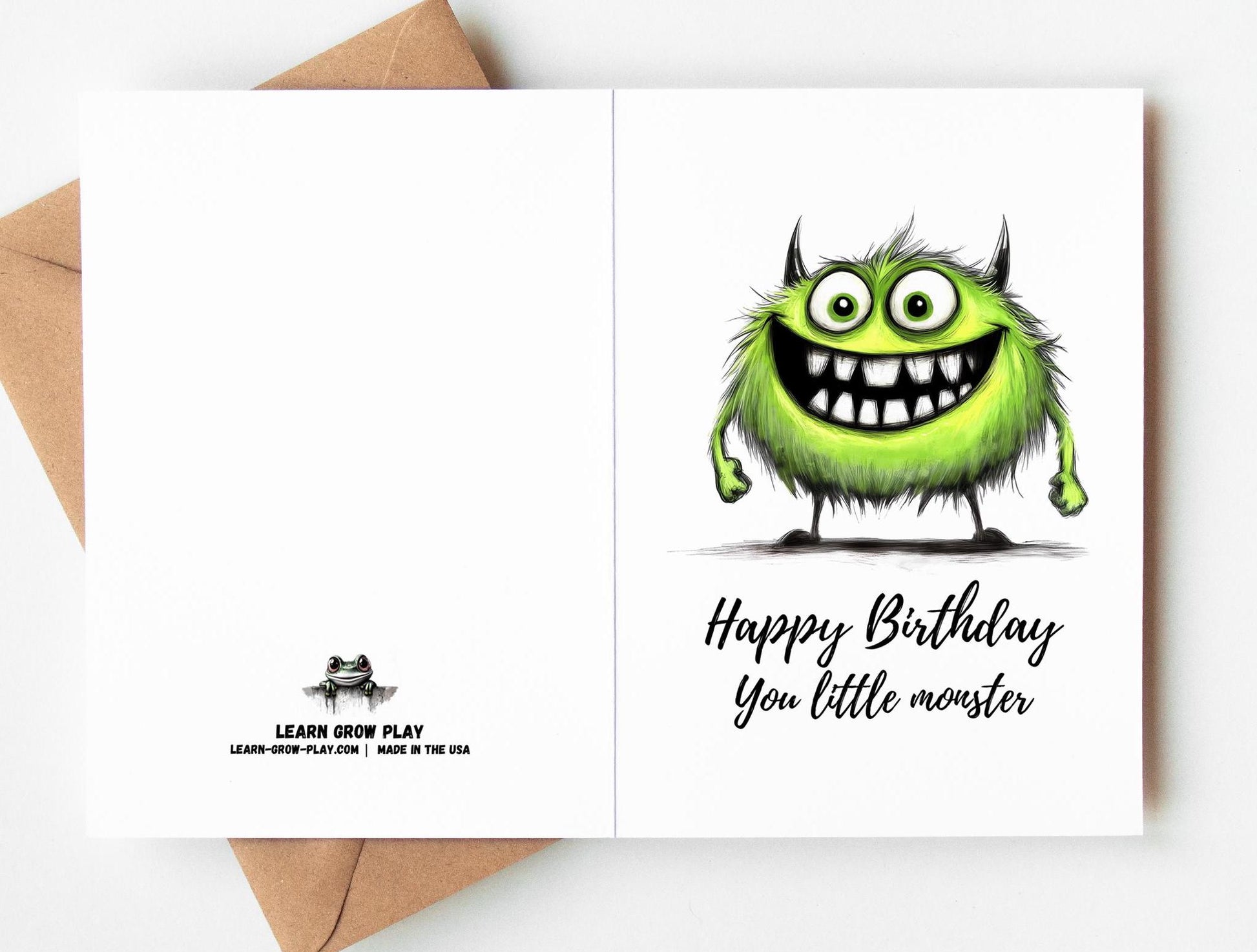 Pink Monster folk-art greeting card, blank inside