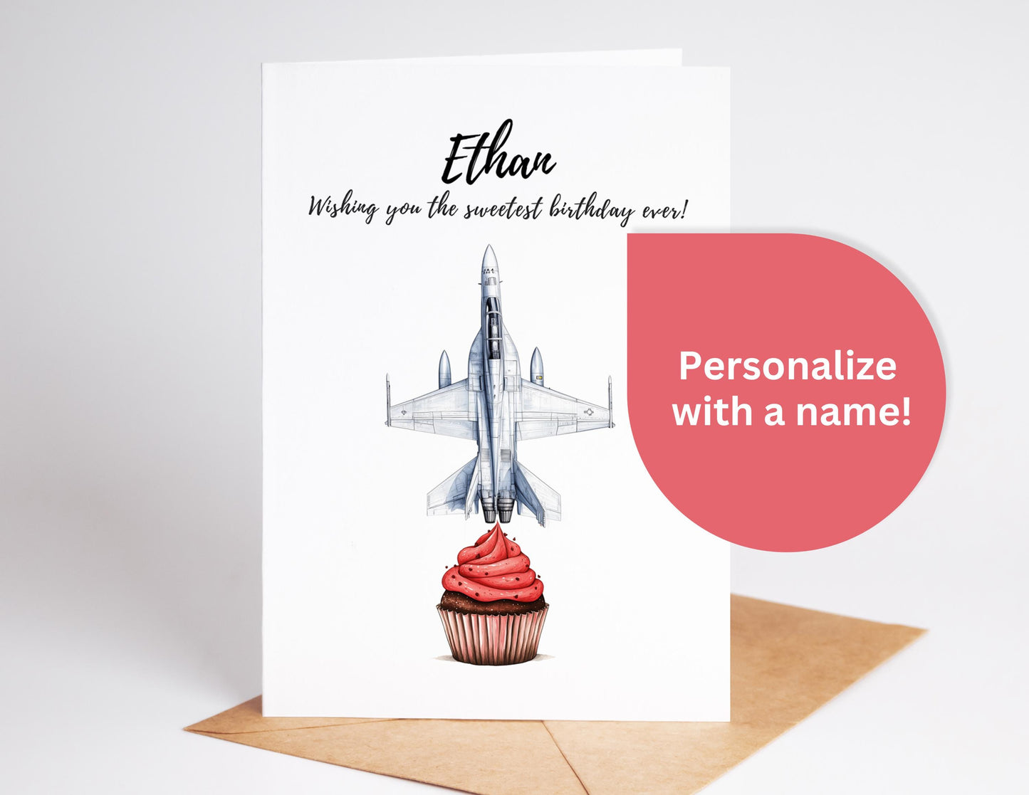 Fighter Jet folk-art greeting card, blank inside