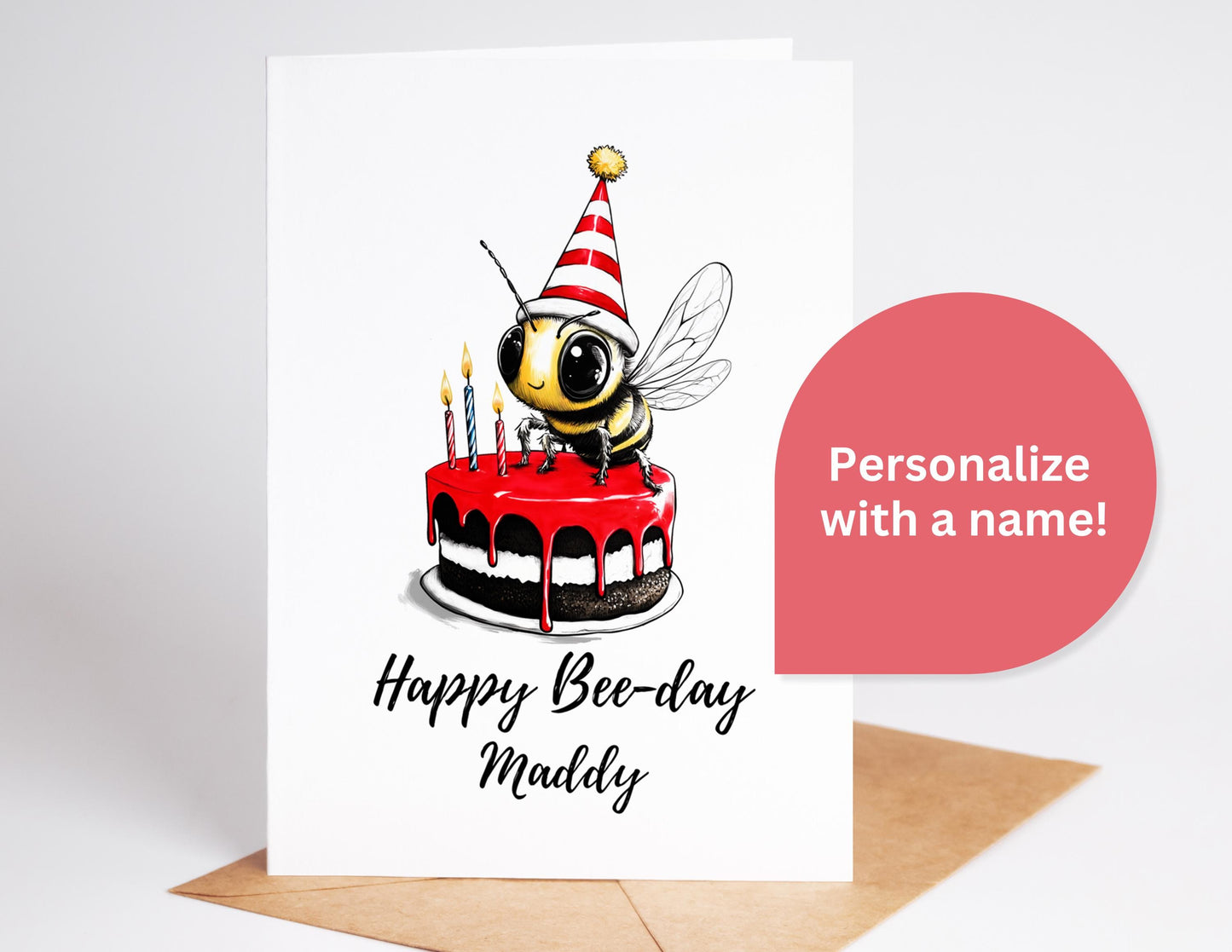 Happy Bee folk-art greeting card, blank inside