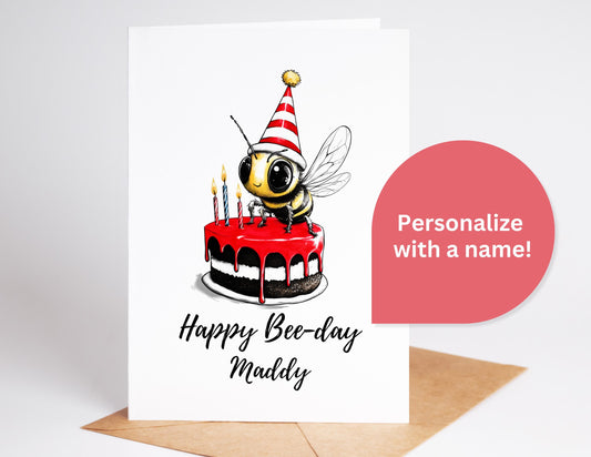 Happy Bee folk-art greeting card, blank inside