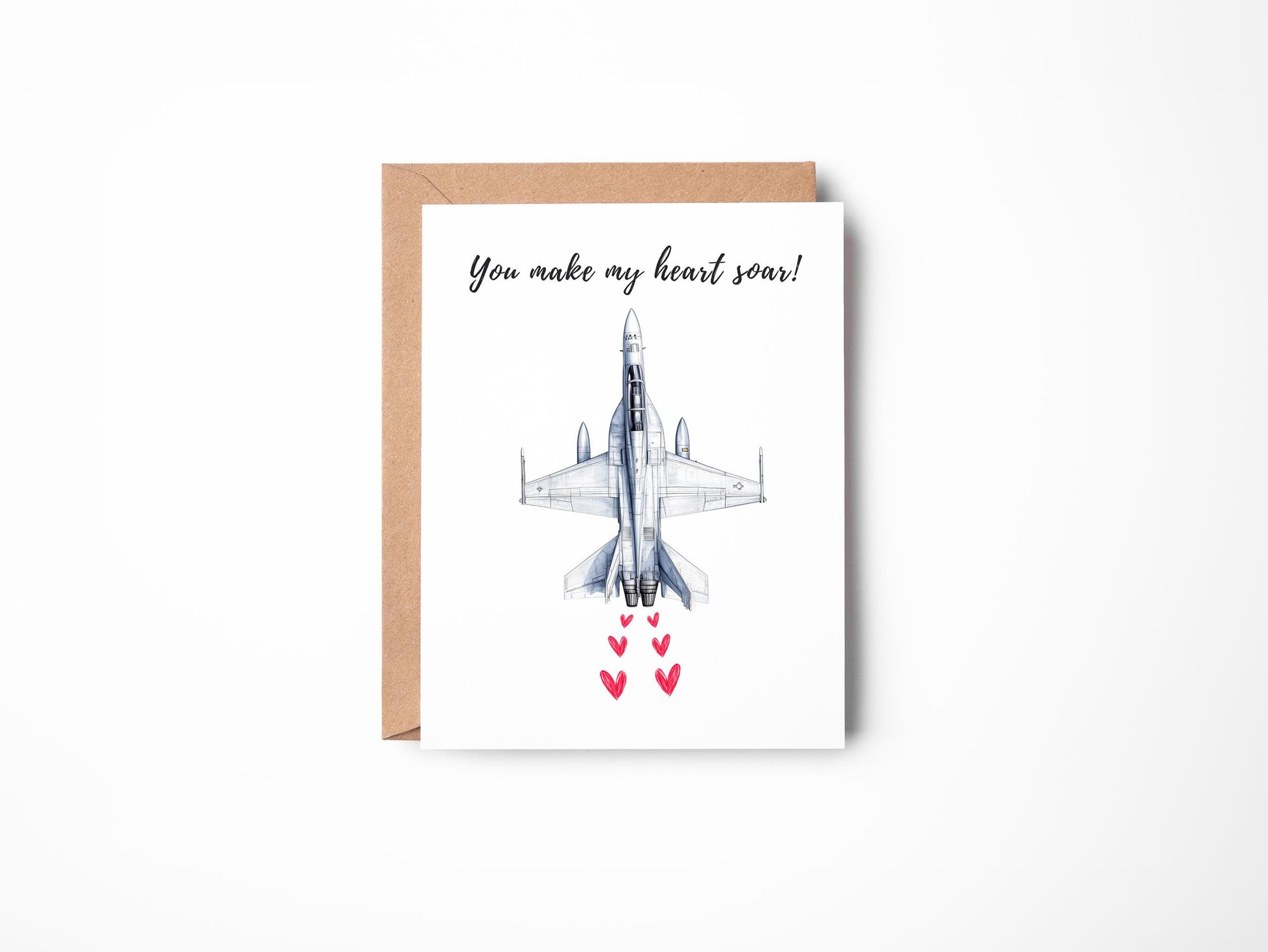 Fighter Jet Love folk-art greeting card, blank inside