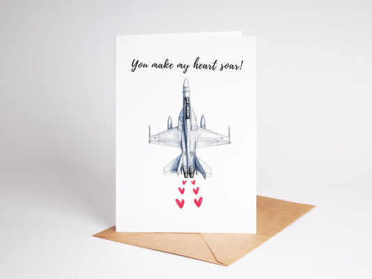 Fighter Jet Love folk-art greeting card, blank inside