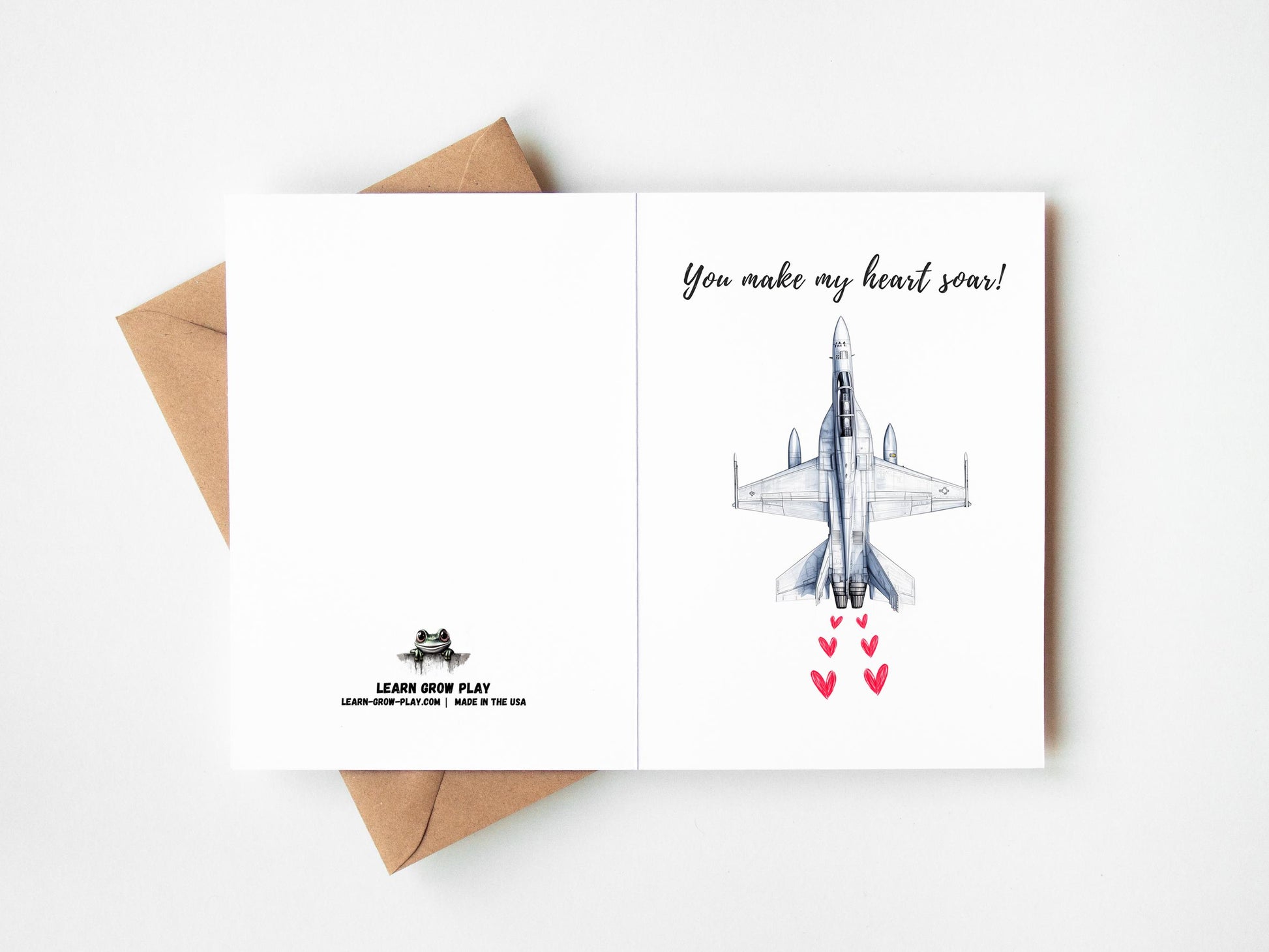 Fighter Jet Love folk-art greeting card, blank inside