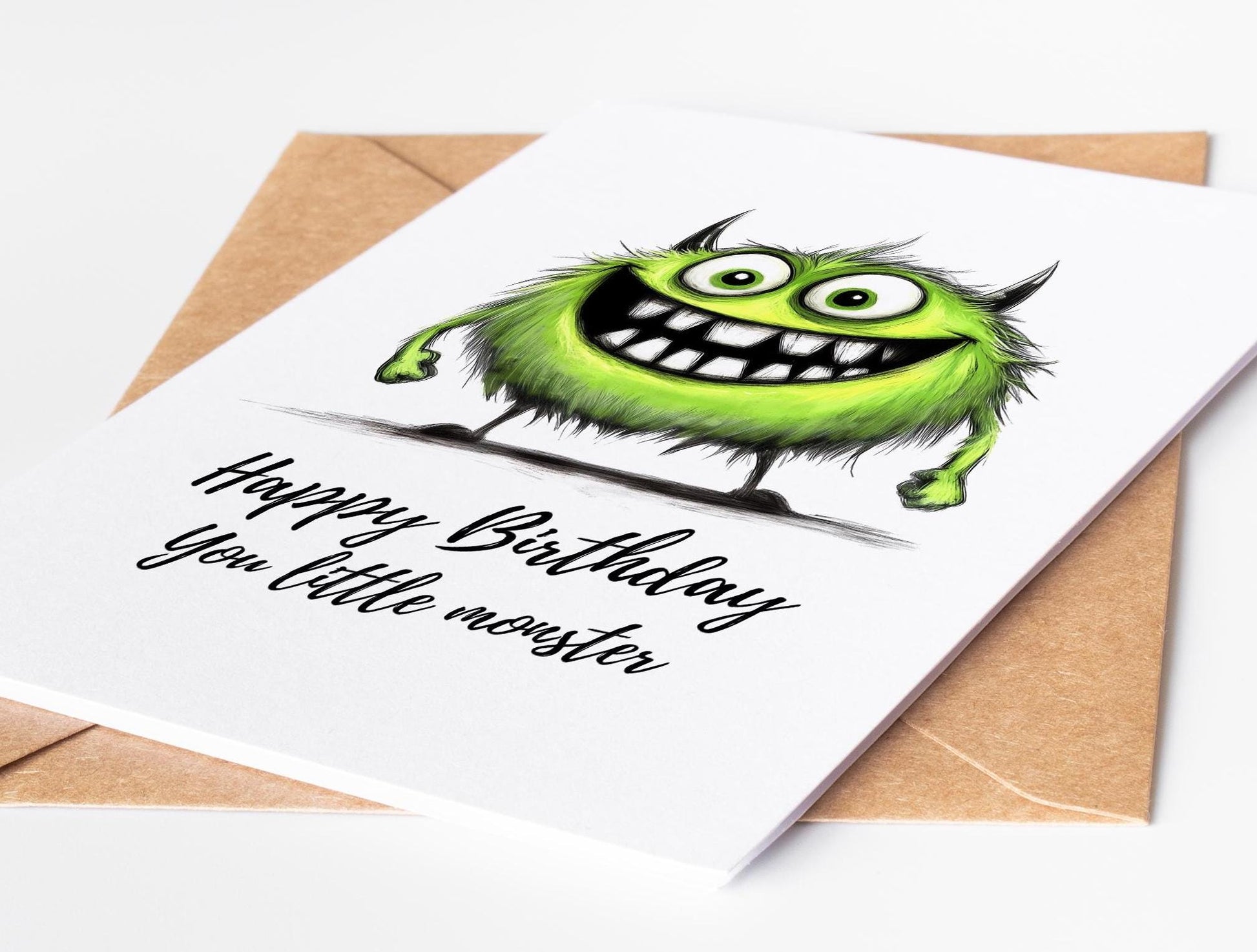 Pink Monster folk-art greeting card, blank inside