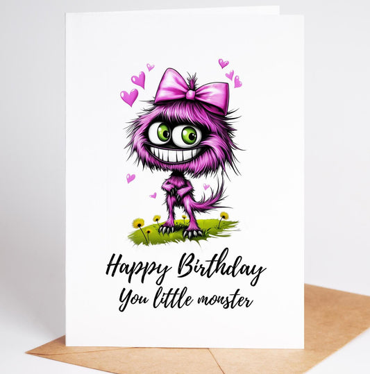 Pink Monster folk-art greeting card, blank inside
