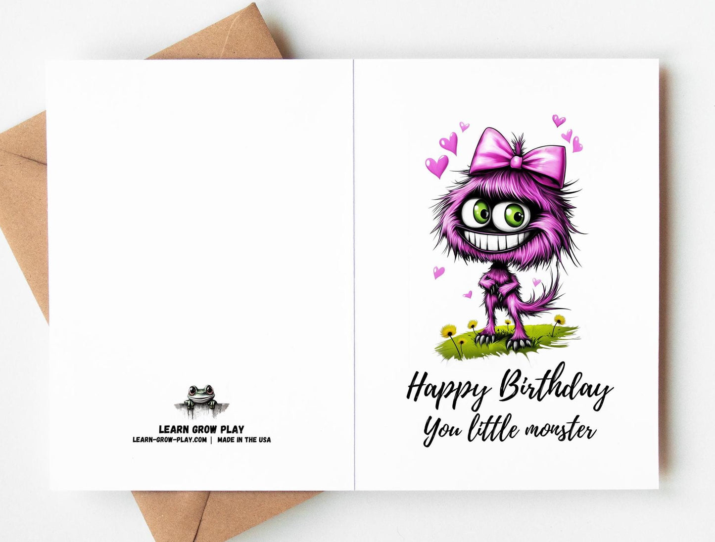 Pink Monster folk-art greeting card, blank inside