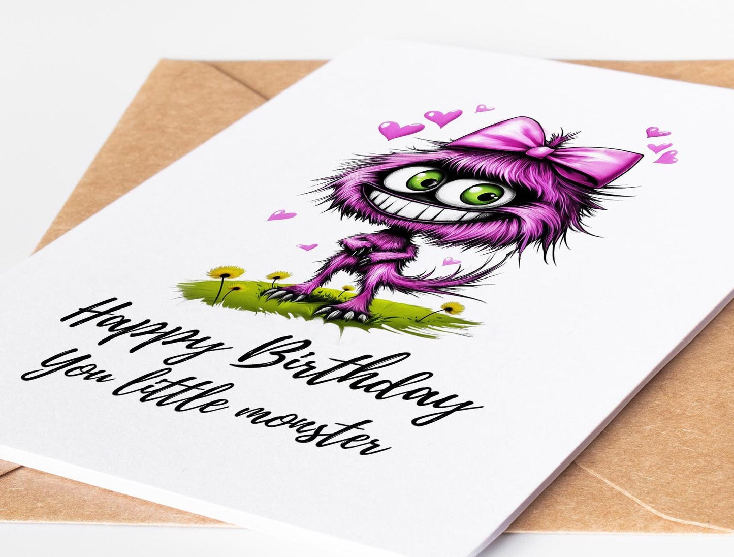 Pink Monster folk-art greeting card, blank inside