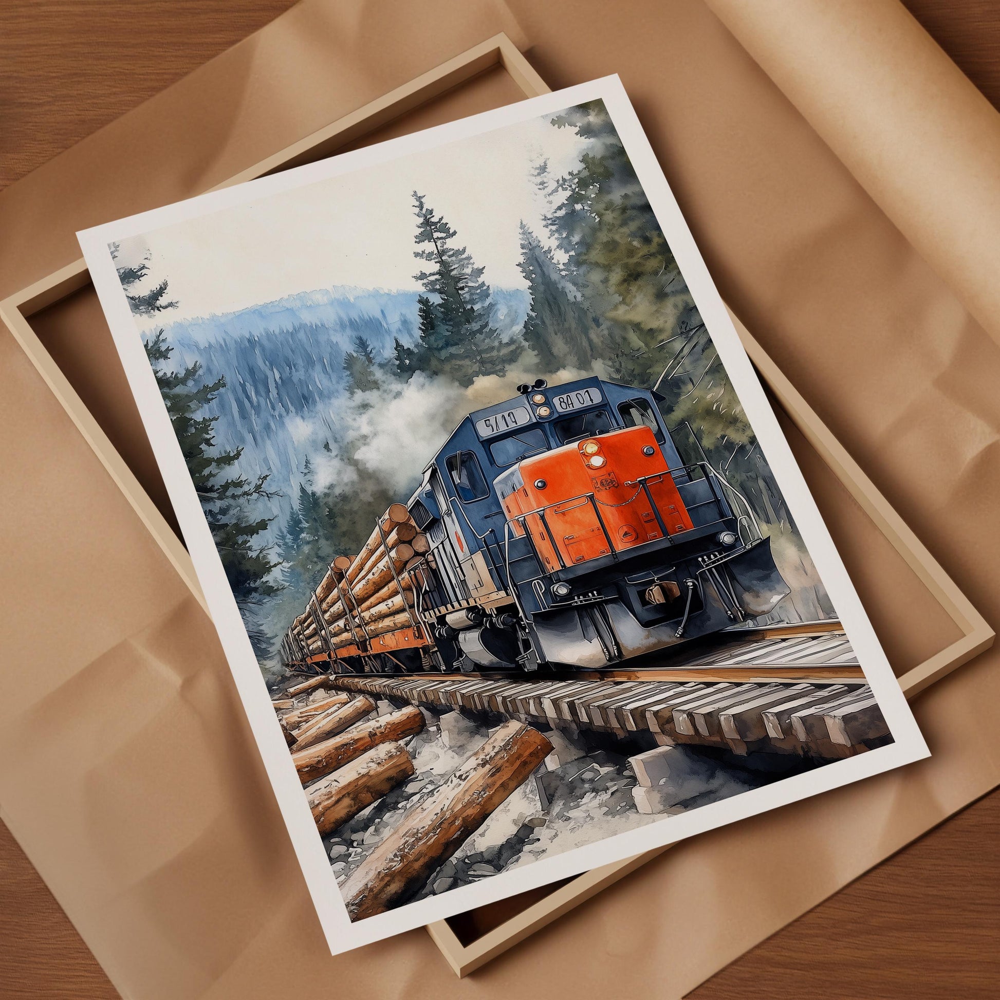 Logging Train folk-art art print, blank inside