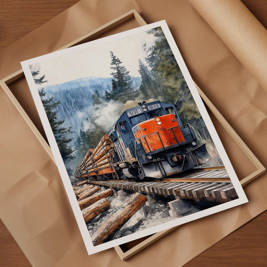Logging Train folk-art art print, blank inside