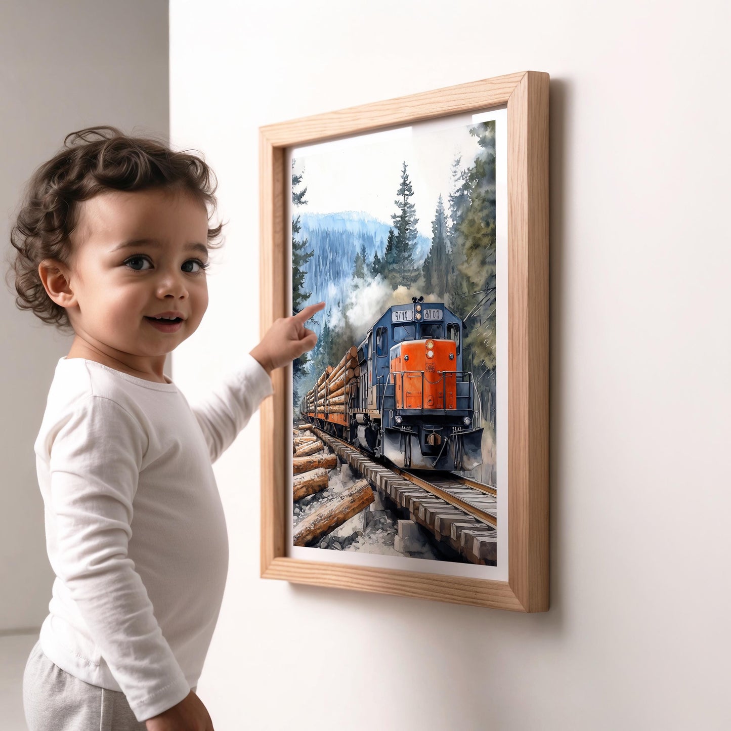 Logging Train folk-art art print, blank inside