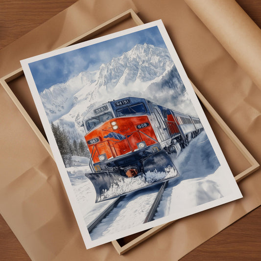 Snow Plow Train folk-art art print, blank inside