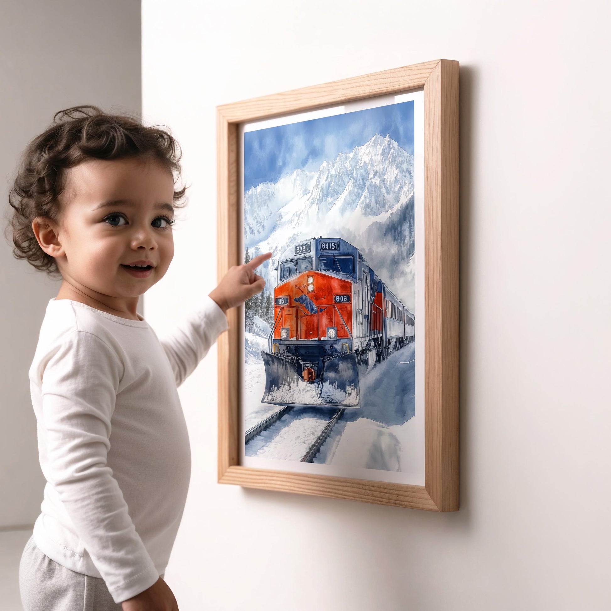 Snow Plow Train folk-art art print, blank inside