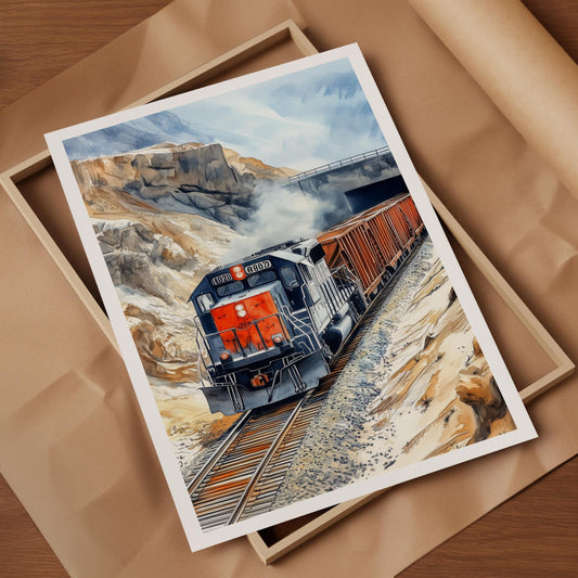 Mining Train folk-art art print, blank inside