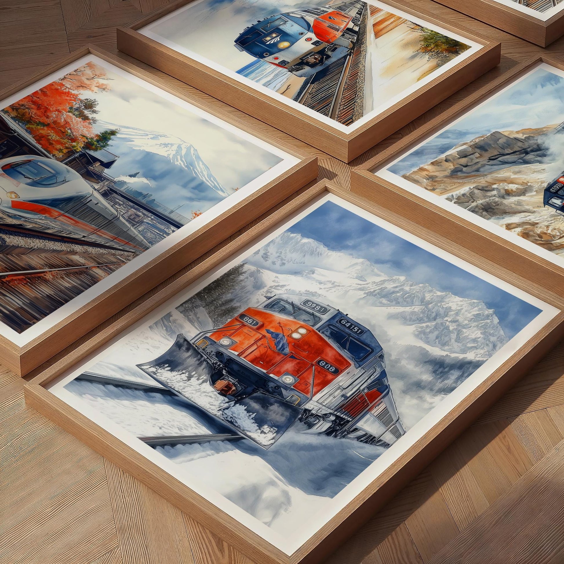 Snow Plow Train folk-art art print, blank inside