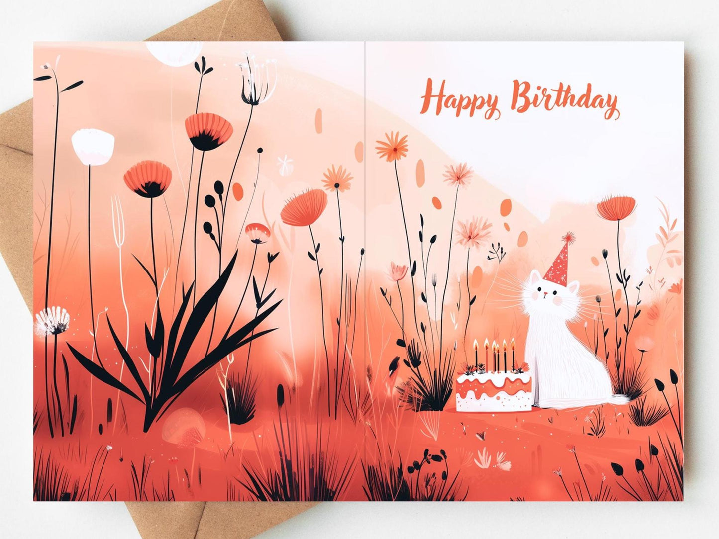 Cat folk-art greeting card, blank inside